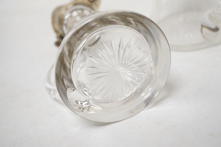 A pair of George V silver mounted glass whisky noggins, by S. Blanckensee & Sons Ltd, Birmingham, 1916, height 11cm.